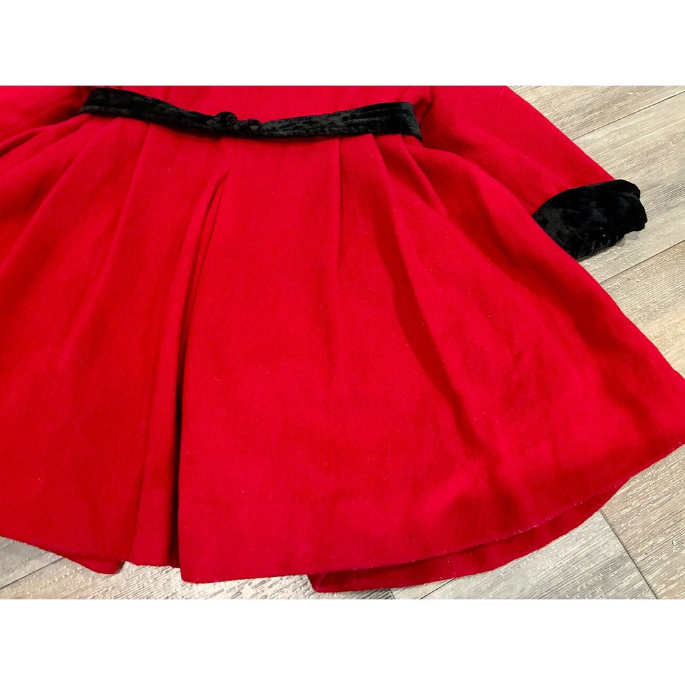 Vintage Rothschild Girls Size 4 Red 100% Wool Coat Black Velvet Bow Holiday - Picture 6 of 13